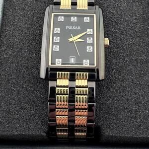 Pulsar Tank Watch Black Gold Swarovski NOS Box Papers